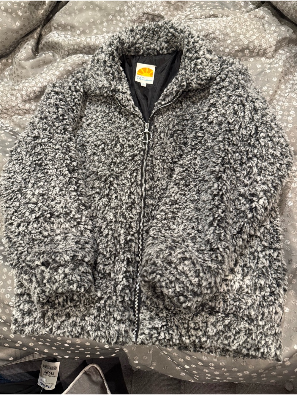 C&C California Gray and Black Faux Shearling Zip Jacket
